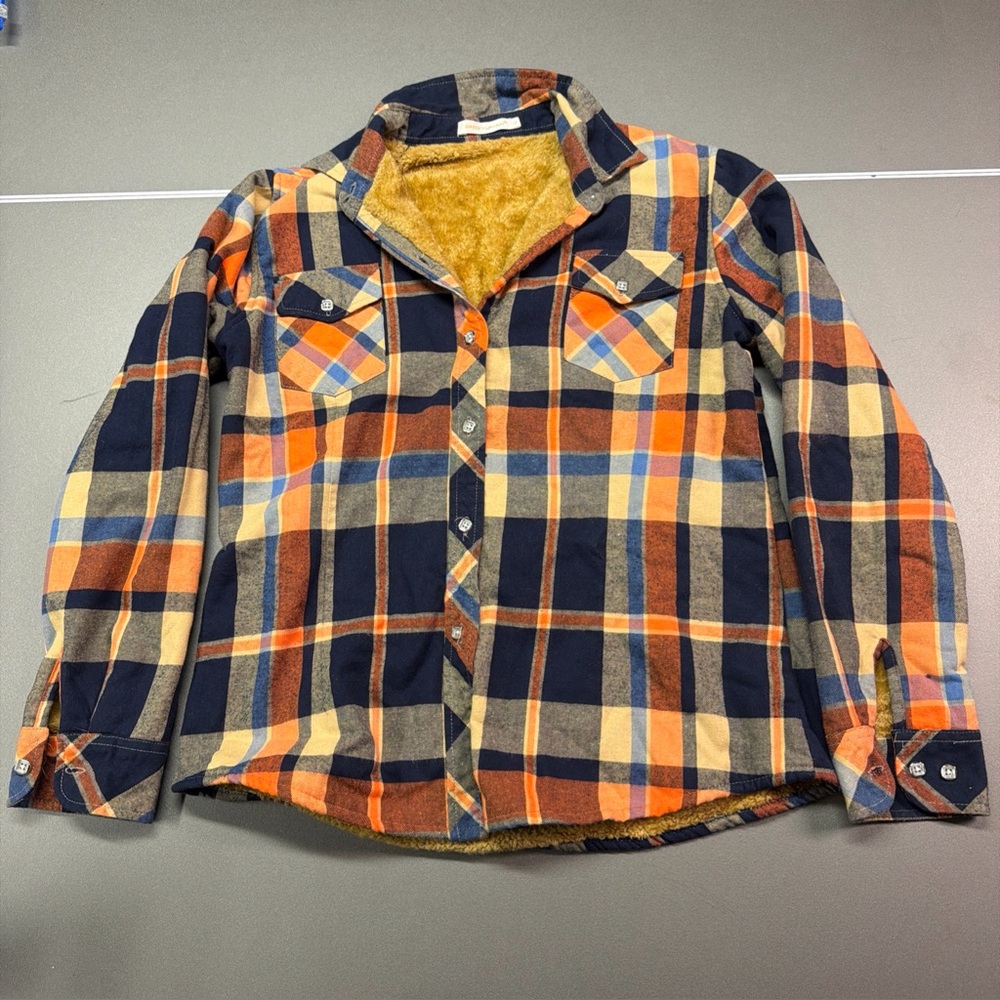 Jiang Yi Xuan Plaid Fleece Lined Flannel Shirt Jacket Orange Navy Blue Womens XL